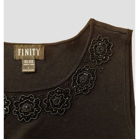 Finity Sweater Top L Black Beaded Floral Sleeveless Scoop Neck Rayon Blend - Picture 5 of 6